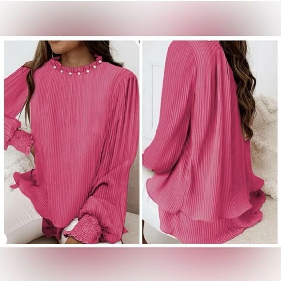 Luna Boutique Tops - Luna Boutique Pink Pearl Double Layer Ruffle Hem Crinkled Chiffon Blouse Sz 2X